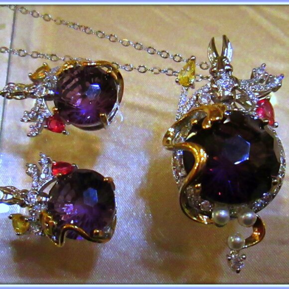 ALEXANDARITE GEM STONE LADIES UNIQUE 14K G FILLED ITALIAN NECKLACE EARRING SET